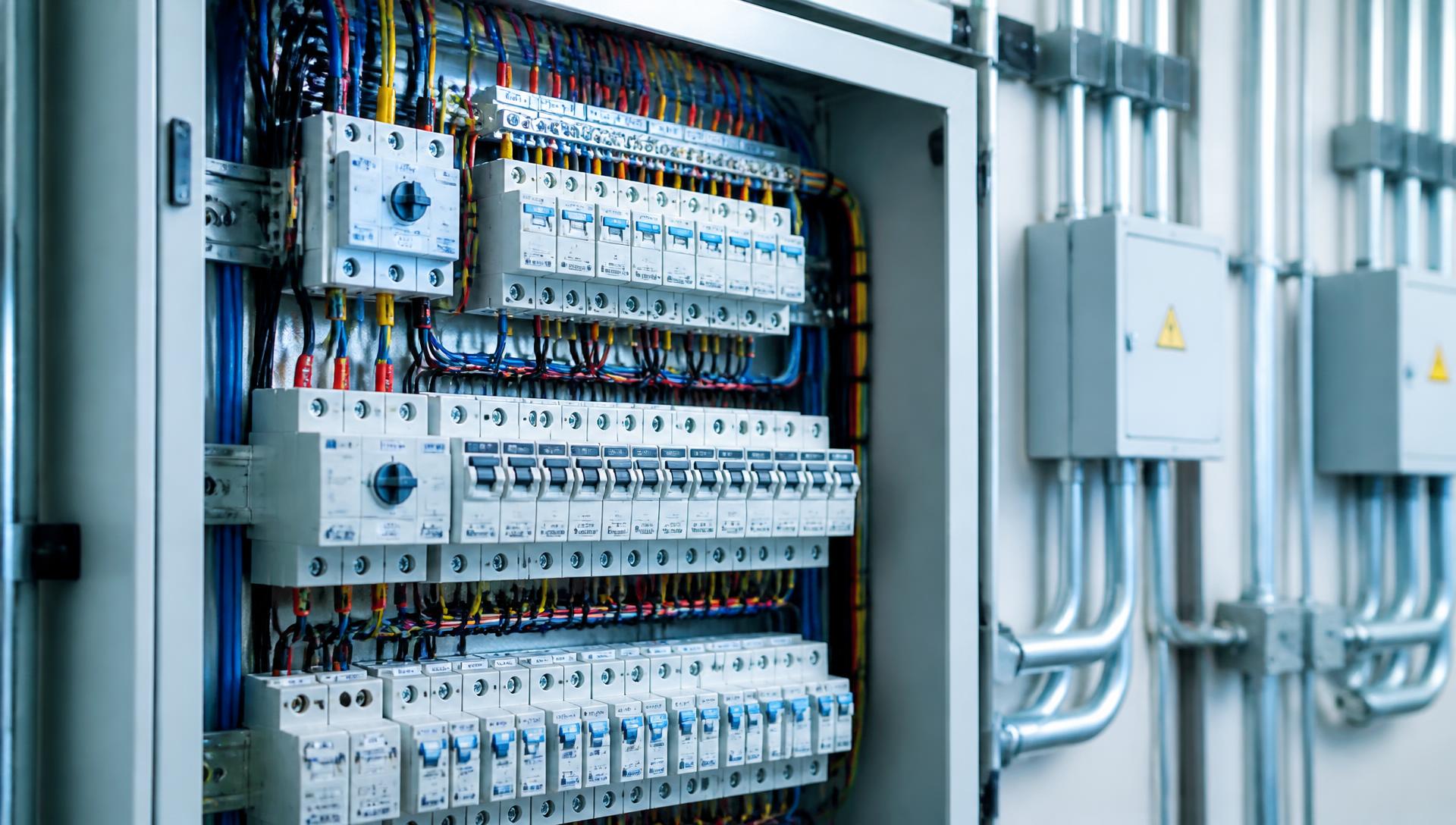 Organized three-phase distribution board wiring and electrical conduits